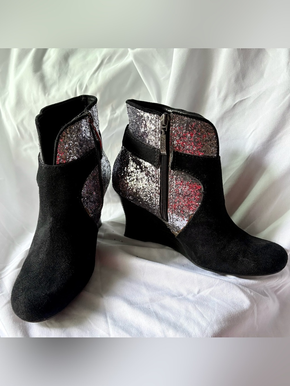 Guess Black Suede Ankle Booties with Silver Glitter